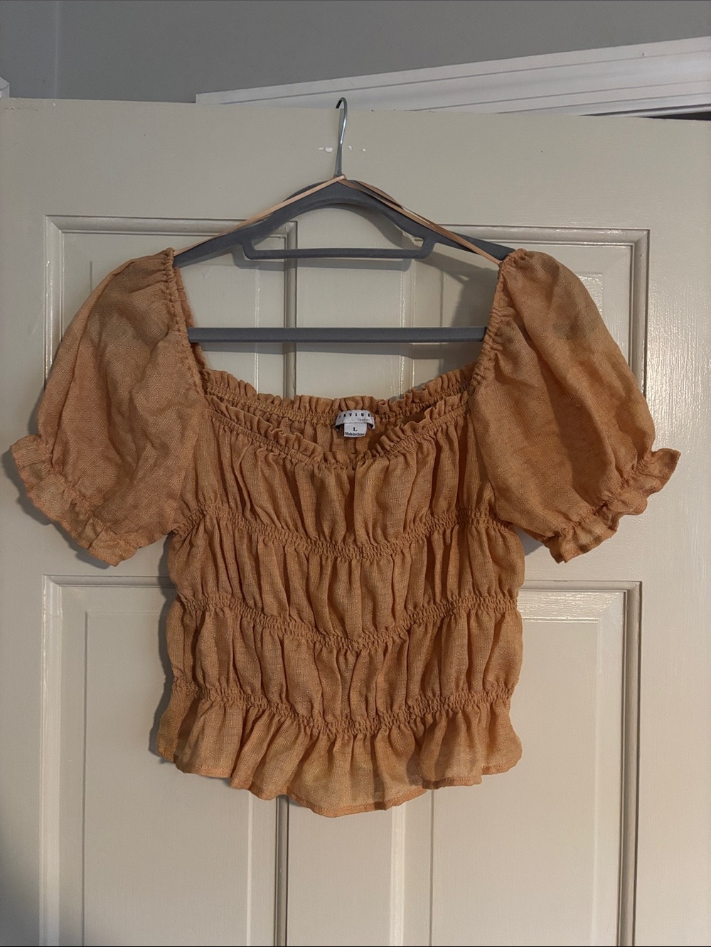FAVLUX Smocked Puff Sleeve Crop Top in Tan